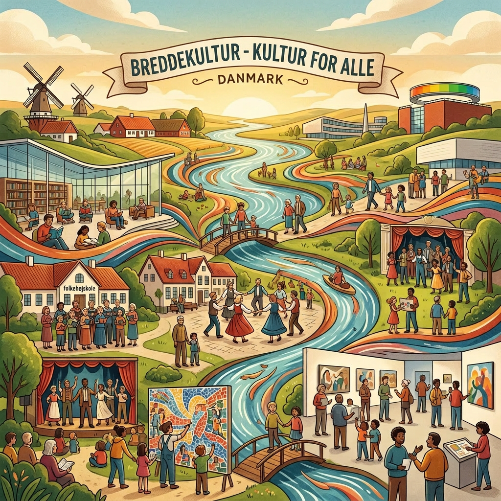 Colorful illustration of people engaging in various cultural activities in a Danish countryside and town setting